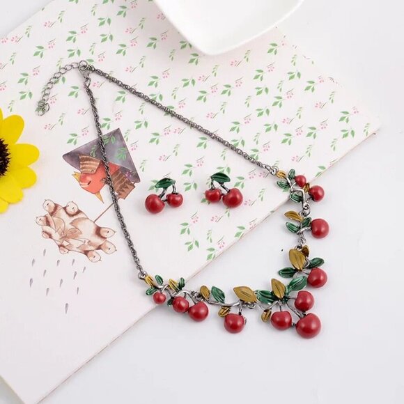 NEW Dark Red Cherries Statement Necklace and Earrings Set - Picture 1 of 5
